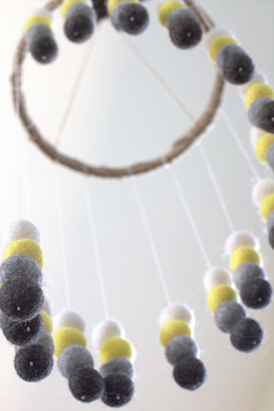 Spiral Felt Ball Mobile- Neutral Nursery- Yellow, Charcoal, Gray, White-  Nursery Childrens Room Pom Pom Mobile Garland Decor