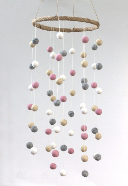 LARGE Pink, Gray, Almond & White Felt Ball Nursery Mobile- Nursery Childrens Room Pom Pom Mobile Garland Decor