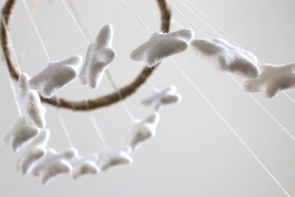 Spiral Felt Star Mobile- Neutral Nursery- White- Felt Ball Mobile