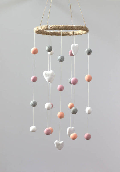 Pink, Peach, Gray, White Felt Ball & Heart Nursery Mobile- Baby Childrens Room Decor