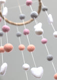 Pink, Peach, Gray, White Felt Ball & Heart Nursery Mobile- Baby Childrens Room Decor