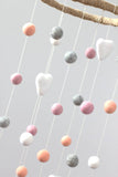 Pink, Peach, Gray, White Felt Ball & Heart Nursery Mobile- Baby Childrens Room Decor