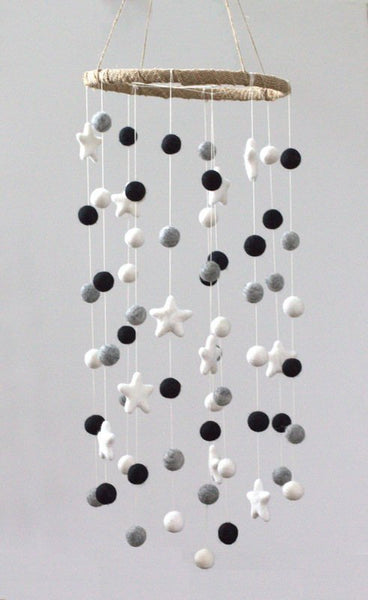 LARGE Black, Gray, White Felt Ball & Star Nursery Mobile- Nursery Childrens Room Pom Pom Mobile Garland Decor