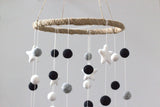 LARGE Black, Gray, White Felt Ball & Star Nursery Mobile- Nursery Childrens Room Pom Pom Mobile Garland Decor