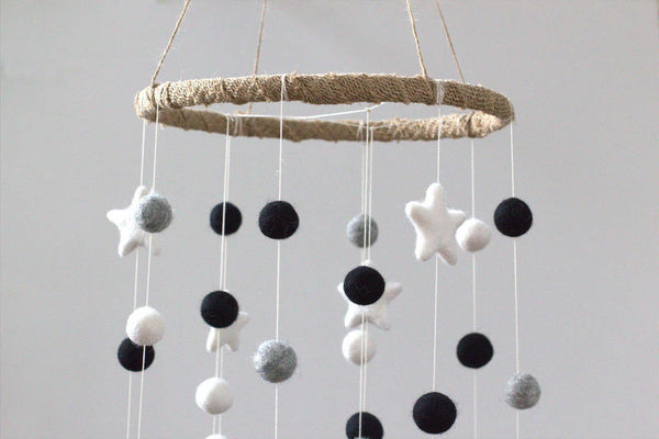 LARGE Black, Gray, White Felt Ball & Star Nursery Mobile- Nursery Childrens Room Pom Pom Mobile Garland Decor