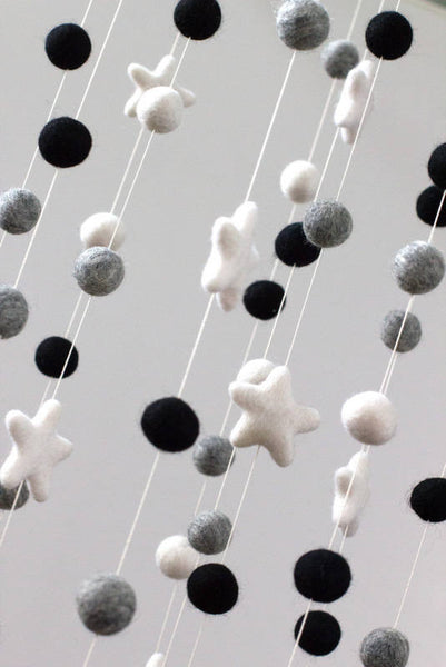 LARGE Black, Gray, White Felt Ball & Star Nursery Mobile- Nursery Childrens Room Pom Pom Mobile Garland Decor
