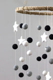 LARGE Black, Gray, White Felt Ball & Star Nursery Mobile- Nursery Childrens Room Pom Pom Mobile Garland Decor