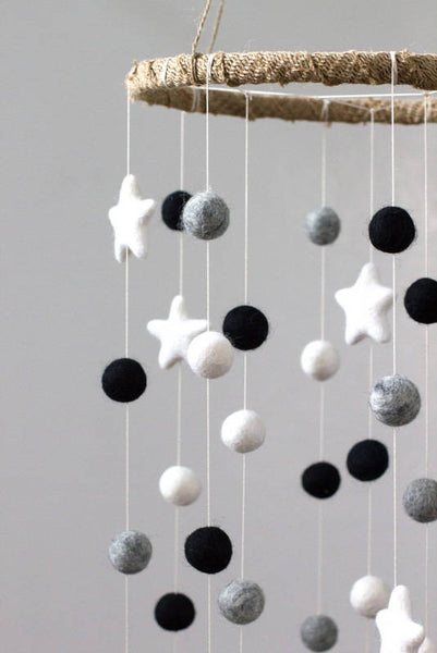 LARGE Black, Gray, White Felt Ball & Star Nursery Mobile- Nursery Childrens Room Pom Pom Mobile Garland Decor
