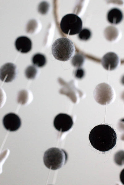 LARGE Black, Gray, White Felt Ball & Star Nursery Mobile- Nursery Childrens Room Pom Pom Mobile Garland Decor