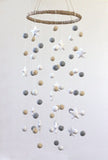 LARGE Neutral Almond, Gray, White Felt Ball & Star Nursery Mobile- Nursery Childrens Room Pom Pom Mobile Garland Decor