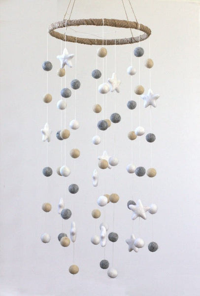 LARGE Neutral Almond, Gray, White Felt Ball & Star Nursery Mobile- Nursery Childrens Room Pom Pom Mobile Garland Decor