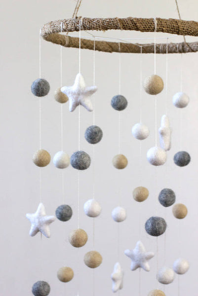 LARGE Neutral Almond, Gray, White Felt Ball & Star Nursery Mobile- Nursery Childrens Room Pom Pom Mobile Garland Decor