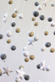 LARGE Neutral Almond, Gray, White Felt Ball & Star Nursery Mobile- Nursery Childrens Room Pom Pom Mobile Garland Decor