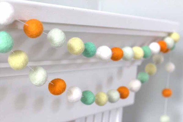 Orange Aqua Mint Yellow White Felt Ball Garland- Neutral Baby Nursery Home Decor