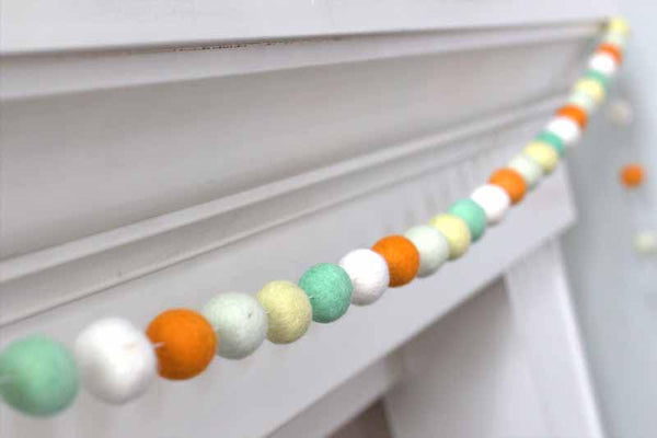 Orange Aqua Mint Yellow White Felt Ball Garland- Neutral Baby Nursery Home Decor