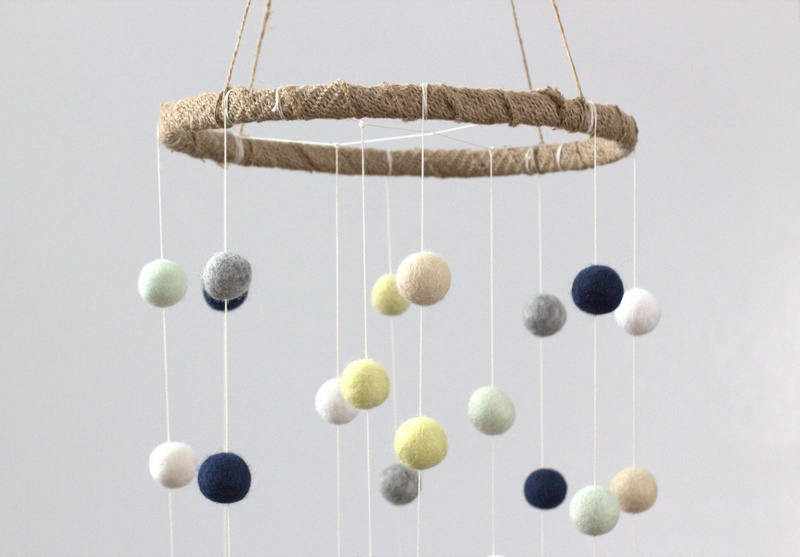 Spiral Pom Pom Nursery Mobile- 100% Wool Felt Balls. Blue Gray