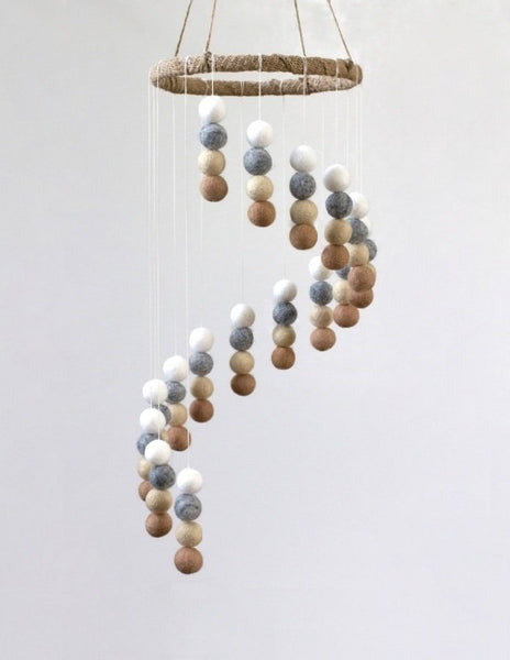 Spiral Felt Ball Mobile- Neutral Nursery- Tan, Almond, Gray, White-  Nursery Childrens Room Pom Pom Mobile Garland Decor
