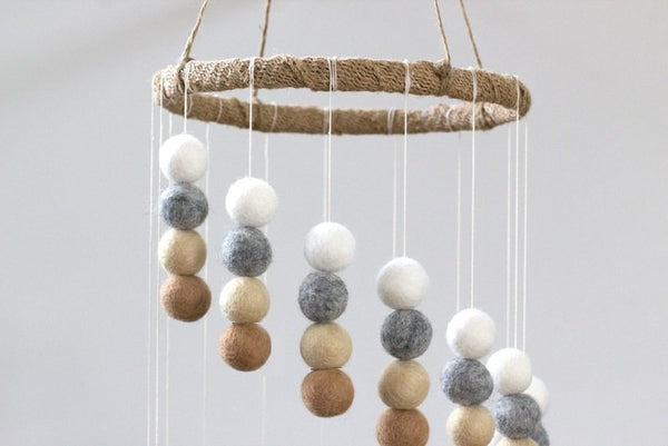 Spiral Felt Ball Mobile- Neutral Nursery- Tan, Almond, Gray, White-  Nursery Childrens Room Pom Pom Mobile Garland Decor