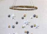 LARGE Neutral Almond, Gray, White Felt Ball & Star Nursery Mobile- Nursery Childrens Room Pom Pom Mobile Garland Decor