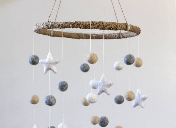 LARGE Neutral Almond, Gray, White Felt Ball & Star Nursery Mobile- Nursery Childrens Room Pom Pom Mobile Garland Decor