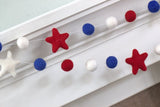 Patriotic USA Felt Garland- Red White Royal Blue Felt Ball & Stars- Pom Pom Holiday Party- Memorial Day- Fourth July