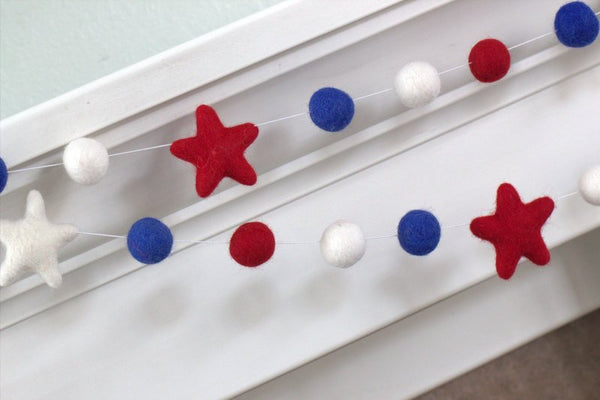 Patriotic USA Felt Garland- Red White Royal Blue Felt Ball & Stars- Pom Pom Holiday Party- Memorial Day- Fourth July