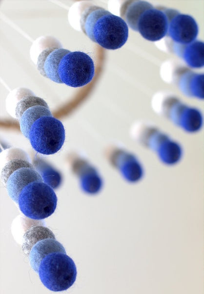 Spiral Felt Ball Mobile- Royal Blue, Baby Blue, Gray, White-  Nursery Childrens Room Pom Pom Mobile Garland Decor