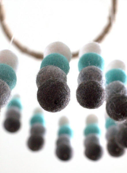 Spiral Felt Ball Mobile- Turquoise, Charcoal, Gray, White-  Nursery Childrens Room Pom Pom Mobile Garland Decor