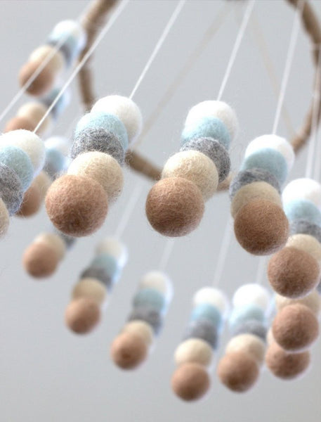 Spiral Felt Ball Mobile- Neutral Nursery- Ice Blue, Tan, Almond, Gray, White-  Nursery Childrens Room Pom Pom Mobile Garland Decor