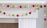 Christmas Garland Felt Ball Garland- Christmas Holiday Decor in Red, Green & Almond Cream