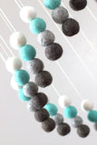 Spiral Felt Ball Mobile- Turquoise, Charcoal, Gray, White-  Nursery Childrens Room Pom Pom Mobile Garland Decor