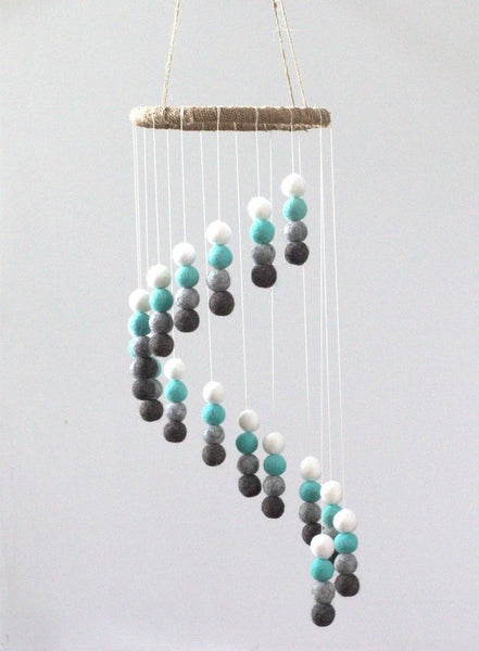 Spiral Felt Ball Mobile- Turquoise, Charcoal, Gray, White-  Nursery Childrens Room Pom Pom Mobile Garland Decor