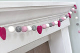 Felt Ball Garland- Hot Pink, Light Pink, Gray & White Hearts and Balls- Pom Pom- Nursery- Holiday- Wedding- Party- Childrens Room