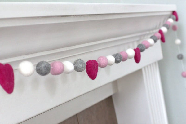 Felt Ball Garland- Hot Pink, Light Pink, Gray & White Hearts and Balls- Pom Pom- Nursery- Holiday- Wedding- Party- Childrens Room