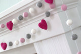 Felt Ball Garland- Hot Pink, Light Pink, Gray & White Hearts and Balls- Pom Pom- Nursery- Holiday- Wedding- Party- Childrens Room