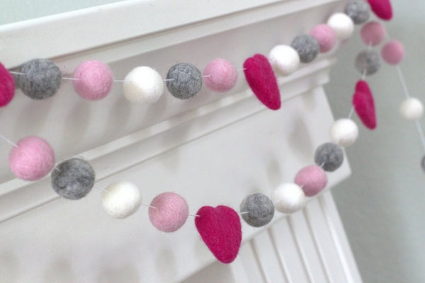 Felt Ball Garland- Hot Pink, Light Pink, Gray & White Hearts and Balls- Pom Pom- Nursery- Holiday- Wedding- Party- Childrens Room