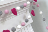 Felt Ball Garland- Hot Pink, Light Pink, Gray & White Hearts and Balls- Pom Pom- Nursery- Holiday- Wedding- Party- Childrens Room