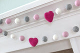 Felt Ball Garland- Hot Pink, Light Pink, Gray & White Hearts and Balls- Pom Pom- Nursery- Holiday- Wedding- Party- Childrens Room