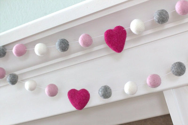 Felt Ball Garland- Hot Pink, Light Pink, Gray & White Hearts and Balls- Pom Pom- Nursery- Holiday- Wedding- Party- Childrens Room