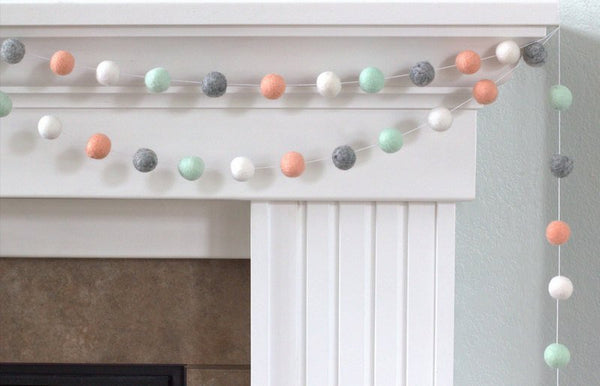 Felt Ball Garland- Peach, Seafoam, Gray & White- Pom Pom- Nursery- Valentines- Holiday- Wedding- Party- Childrens Room
