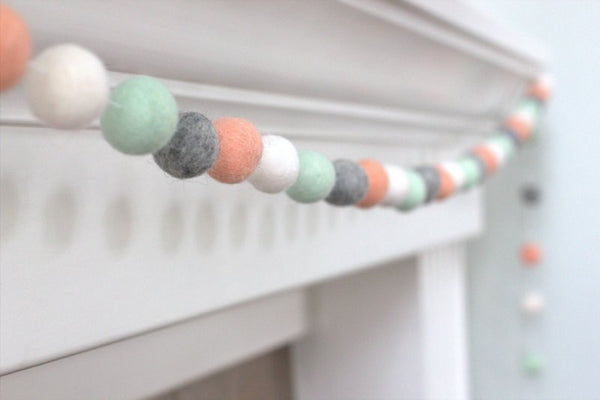 Felt Ball Garland- Peach, Seafoam, Gray & White- Pom Pom- Nursery- Valentines- Holiday- Wedding- Party- Childrens Room