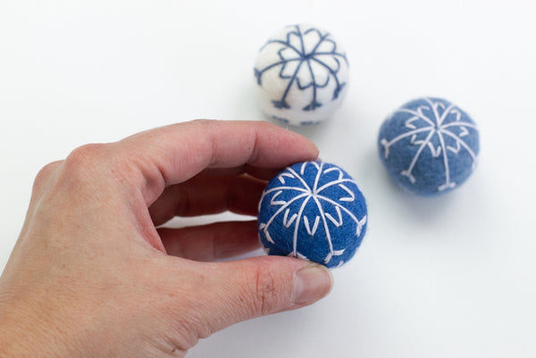 Snowflake Felt Ball Ornaments- Blue, White