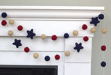 Fourth of July American Flag Garland- Burgundy Red, Navy Blue, Cream Felt Balls with Navy Blue Stars