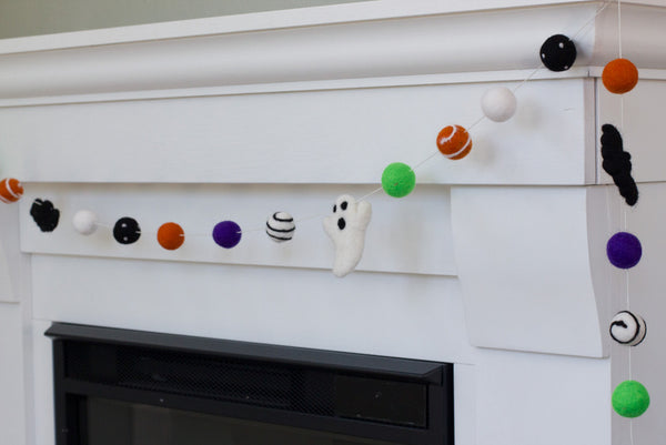Ghost & Bat Halloween Garland- Purple, Green, Orange, Black- Dots & Swirls