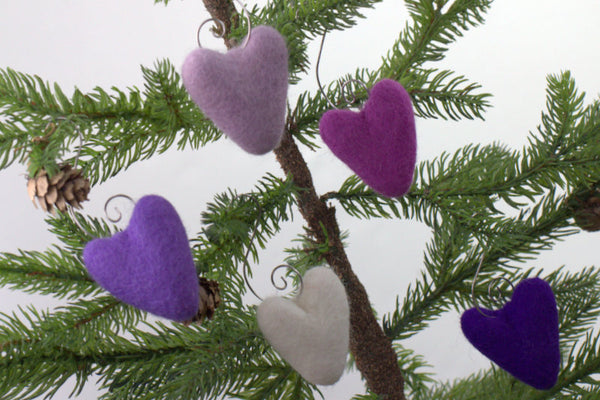 Valentine's Day Folk Heart Ornaments- SET OF 5- Purple, Off White