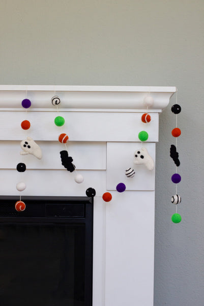 Ghost & Bat Halloween Garland- Purple, Green, Orange, Black- Dots & Swirls