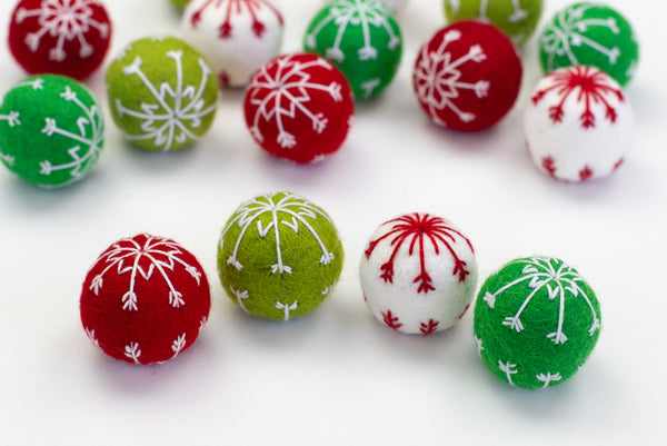 Snowflake Felt Balls- Red, Green, White