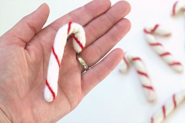 Candy Cane Felted Shapes- Red with White Stripes- Christmas Winter Peppermint Candy- 100% Wool Felt