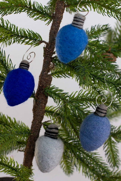 Light Bulb Ornaments- SET OF 4 Blue- Hanukkah Decor, Christmas Tree, Holiday Gift- 100% Wool