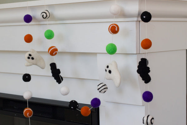 Ghost & Bat Halloween Garland- Purple, Green, Orange, Black- Dots & Swirls